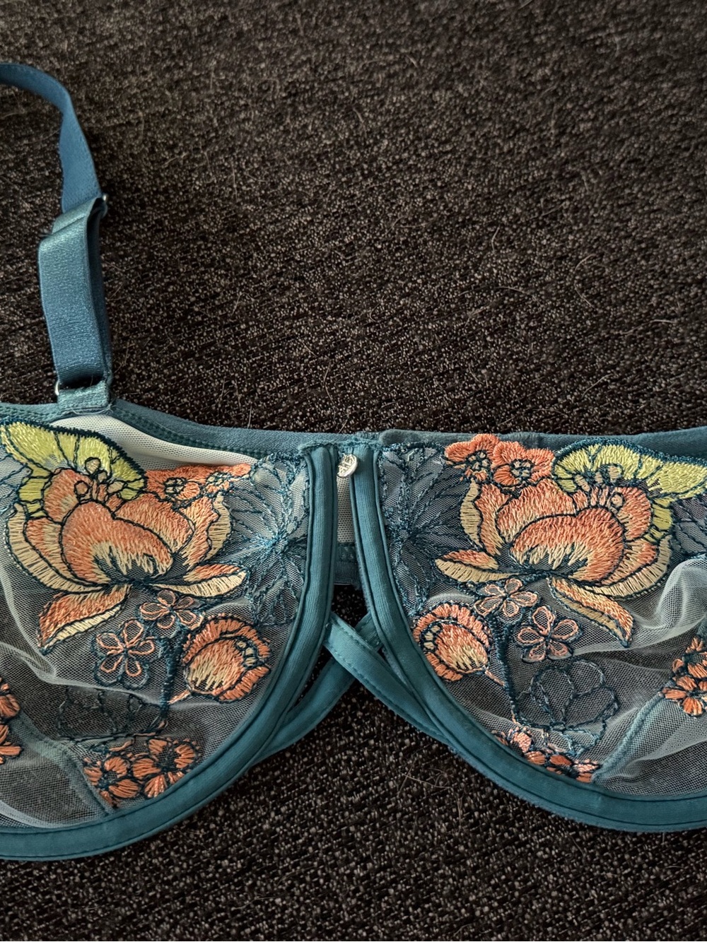 Adore Me Teal Floral Embroidered Sheer Bra & Panty Set 42C / XL
